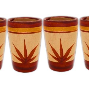 MEXTEQUIL - Tequila Shot Glasses - Set of 4 Terracotta Mexican Shot Glasses - 2 Oz - Natural & Colorful Clay - Barro Canelo & Capulineado - Handcrafted Hand-painted (Agave)