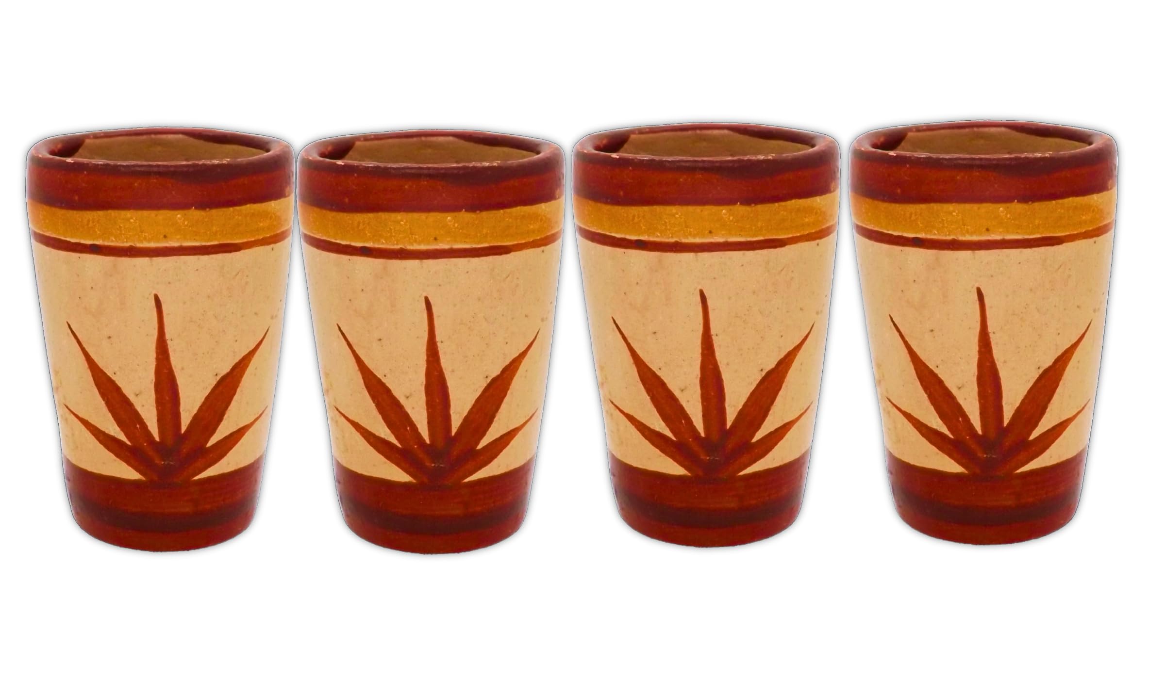 MEXTEQUIL - Tequila Shot Glasses - Set of 4 Terracotta Mexican Shot Glasses - 2 Oz - Natural & Colorful Clay - Barro Canelo & Capulineado - Handcrafted Hand-painted (Agave)