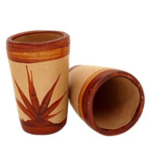 MEXTEQUIL - Tequila Shot Glasses - Set of 4 Terracotta Mexican Shot Glasses - 2 Oz - Natural & Colorful Clay - Barro Canelo & Capulineado - Handcrafted Hand-painted (Agave)