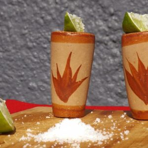 MEXTEQUIL - Tequila Shot Glasses - Set of 4 Terracotta Mexican Shot Glasses - 2 Oz - Natural & Colorful Clay - Barro Canelo & Capulineado - Handcrafted Hand-painted (Agave)