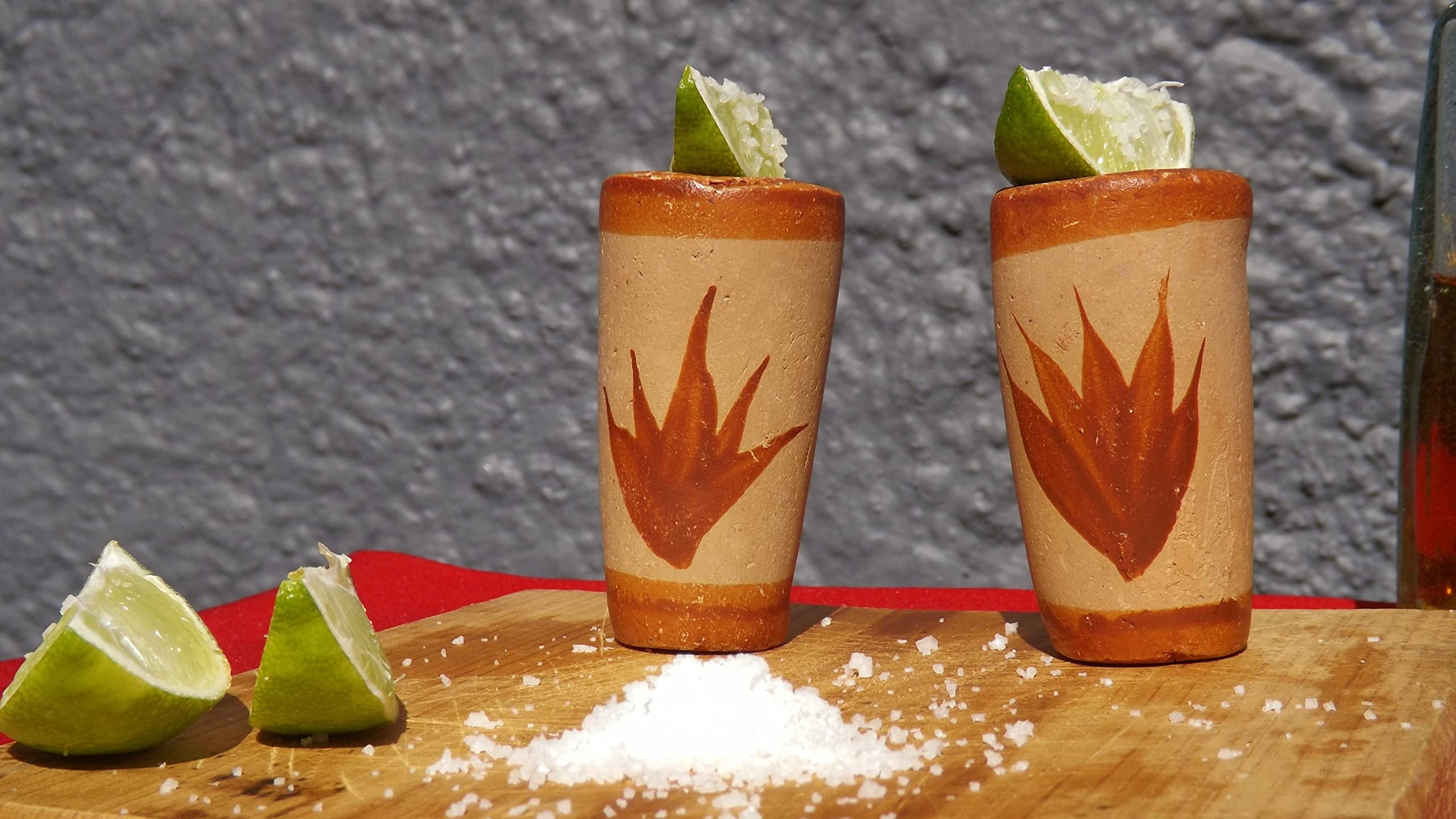 MEXTEQUIL - Tequila Shot Glasses - Set of 4 Terracotta Mexican Shot Glasses - 2 Oz - Natural & Colorful Clay - Barro Canelo & Capulineado - Handcrafted Hand-painted (Agave)