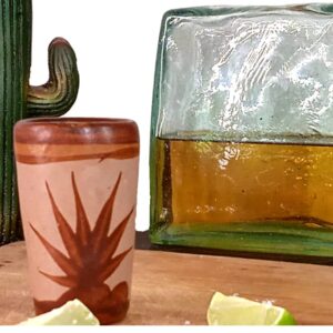 MEXTEQUIL - Tequila Shot Glasses - Set of 4 Terracotta Mexican Shot Glasses - 2 Oz - Natural & Colorful Clay - Barro Canelo & Capulineado - Handcrafted Hand-painted (Agave)