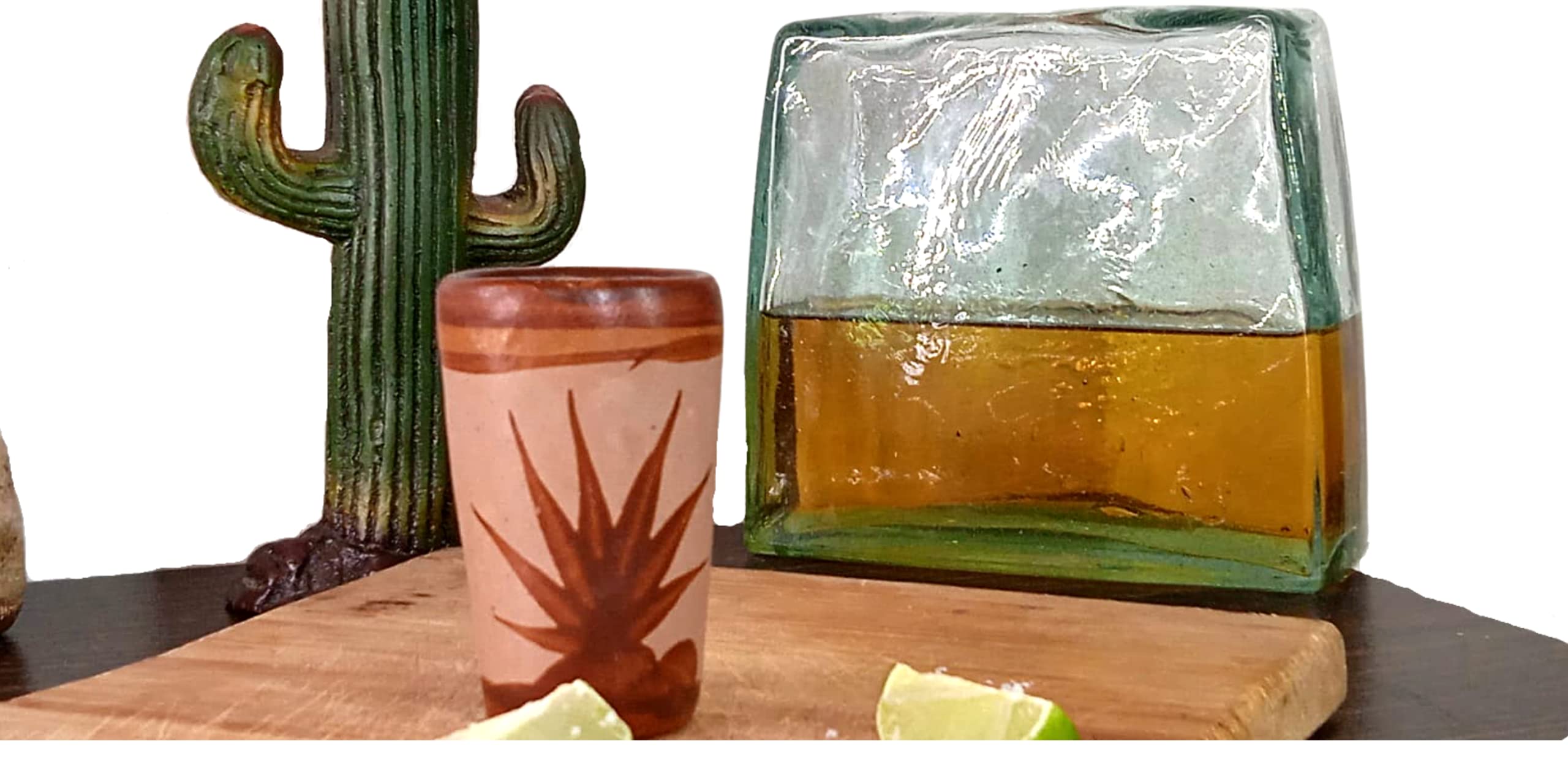 MEXTEQUIL - Tequila Shot Glasses - Set of 4 Terracotta Mexican Shot Glasses - 2 Oz - Natural & Colorful Clay - Barro Canelo & Capulineado - Handcrafted Hand-painted (Agave)