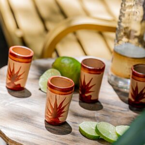 MEXTEQUIL - Tequila Shot Glasses - Set of 4 Terracotta Mexican Shot Glasses - 2 Oz - Natural & Colorful Clay - Barro Canelo & Capulineado - Handcrafted Hand-painted (Agave)