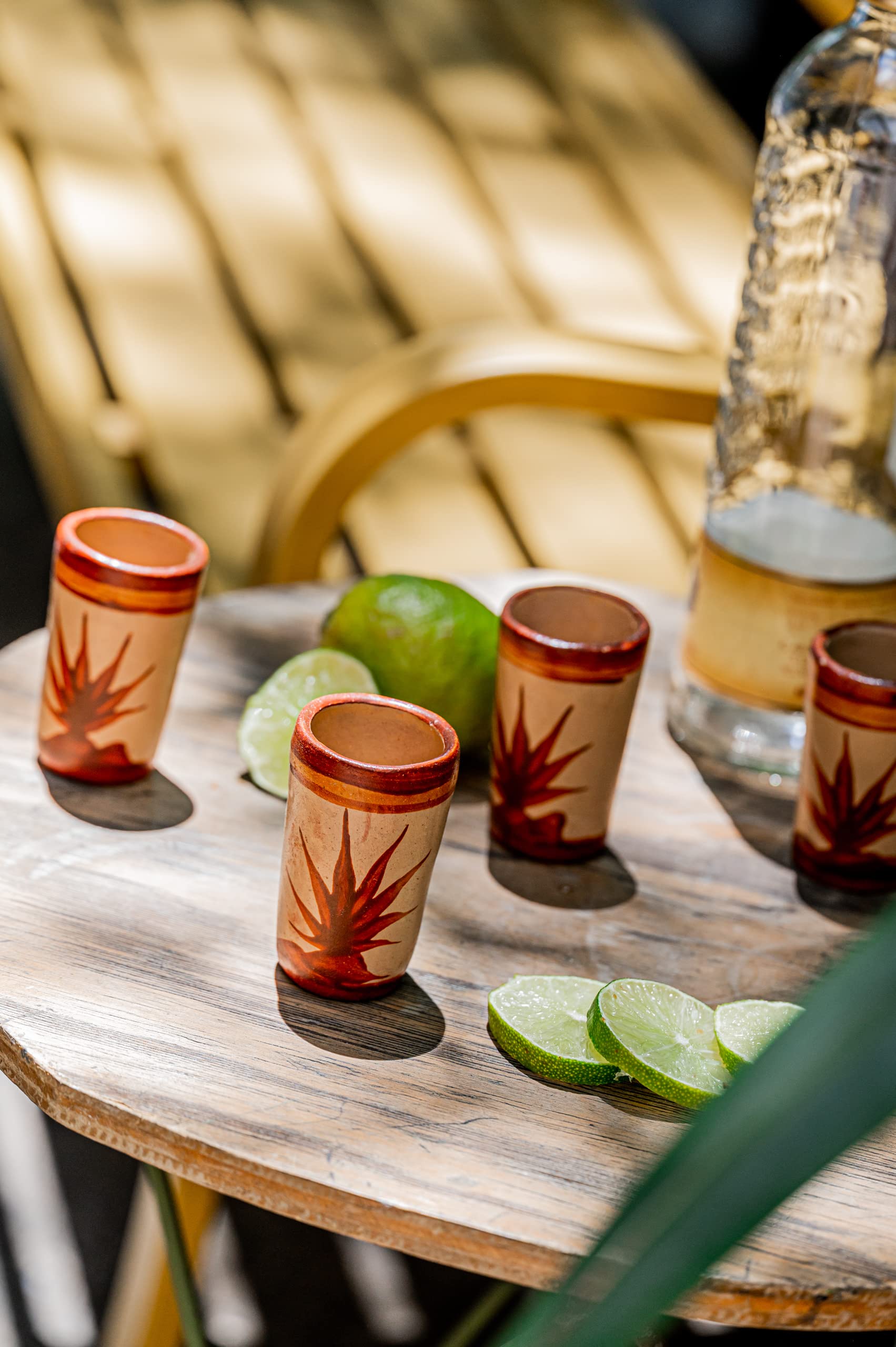 MEXTEQUIL - Tequila Shot Glasses - Set of 4 Terracotta Mexican Shot Glasses - 2 Oz - Natural & Colorful Clay - Barro Canelo & Capulineado - Handcrafted Hand-painted (Agave)