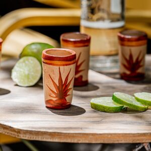 MEXTEQUIL - Tequila Shot Glasses - Set of 4 Terracotta Mexican Shot Glasses - 2 Oz - Natural & Colorful Clay - Barro Canelo & Capulineado - Handcrafted Hand-painted (Agave)