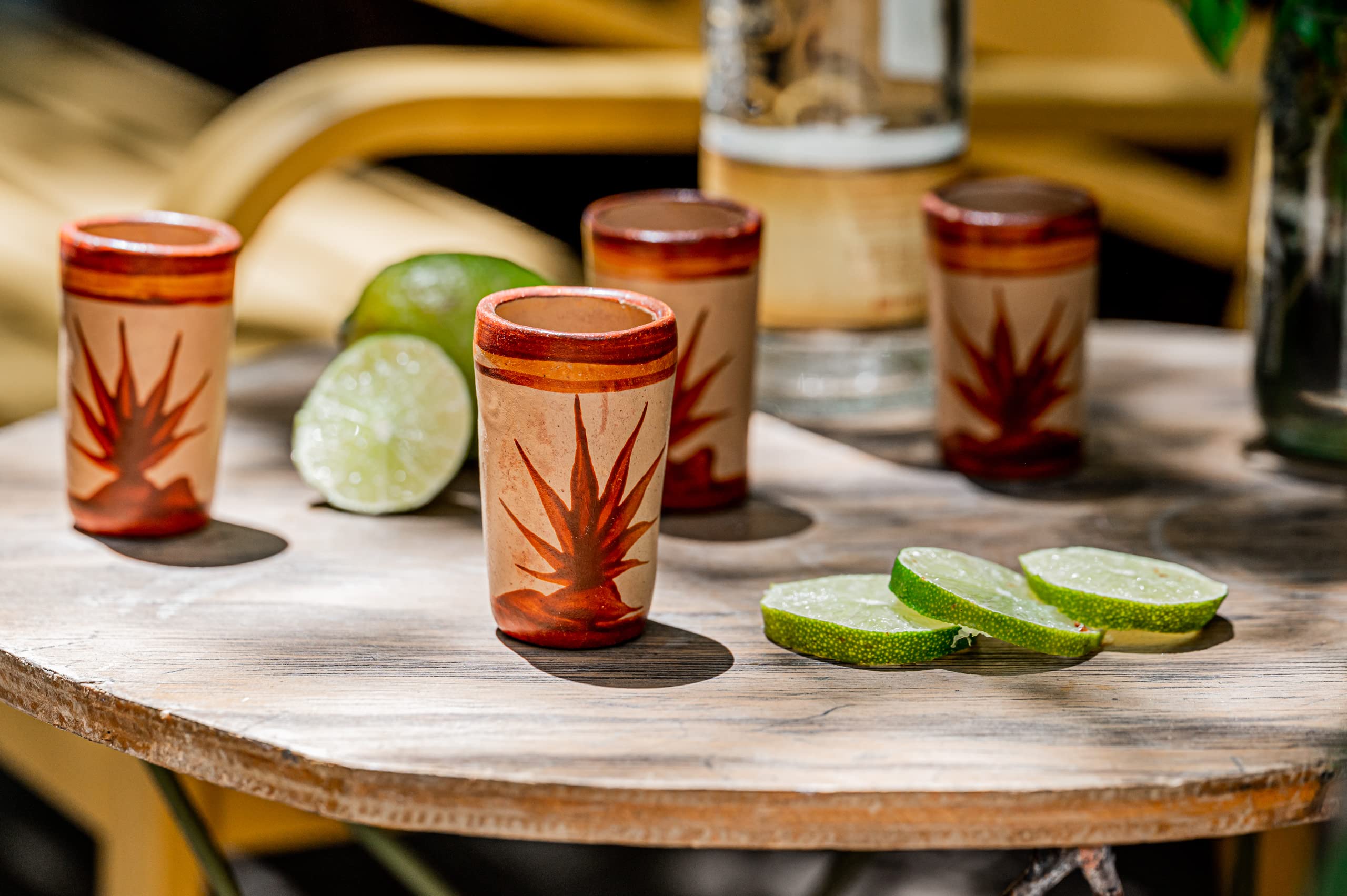 MEXTEQUIL - Tequila Shot Glasses - Set of 4 Terracotta Mexican Shot Glasses - 2 Oz - Natural & Colorful Clay - Barro Canelo & Capulineado - Handcrafted Hand-painted (Agave)