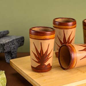 MEXTEQUIL - Tequila Shot Glasses - Set of 4 Terracotta Mexican Shot Glasses - 2 Oz - Natural & Colorful Clay - Barro Canelo & Capulineado - Handcrafted Hand-painted (Agave)