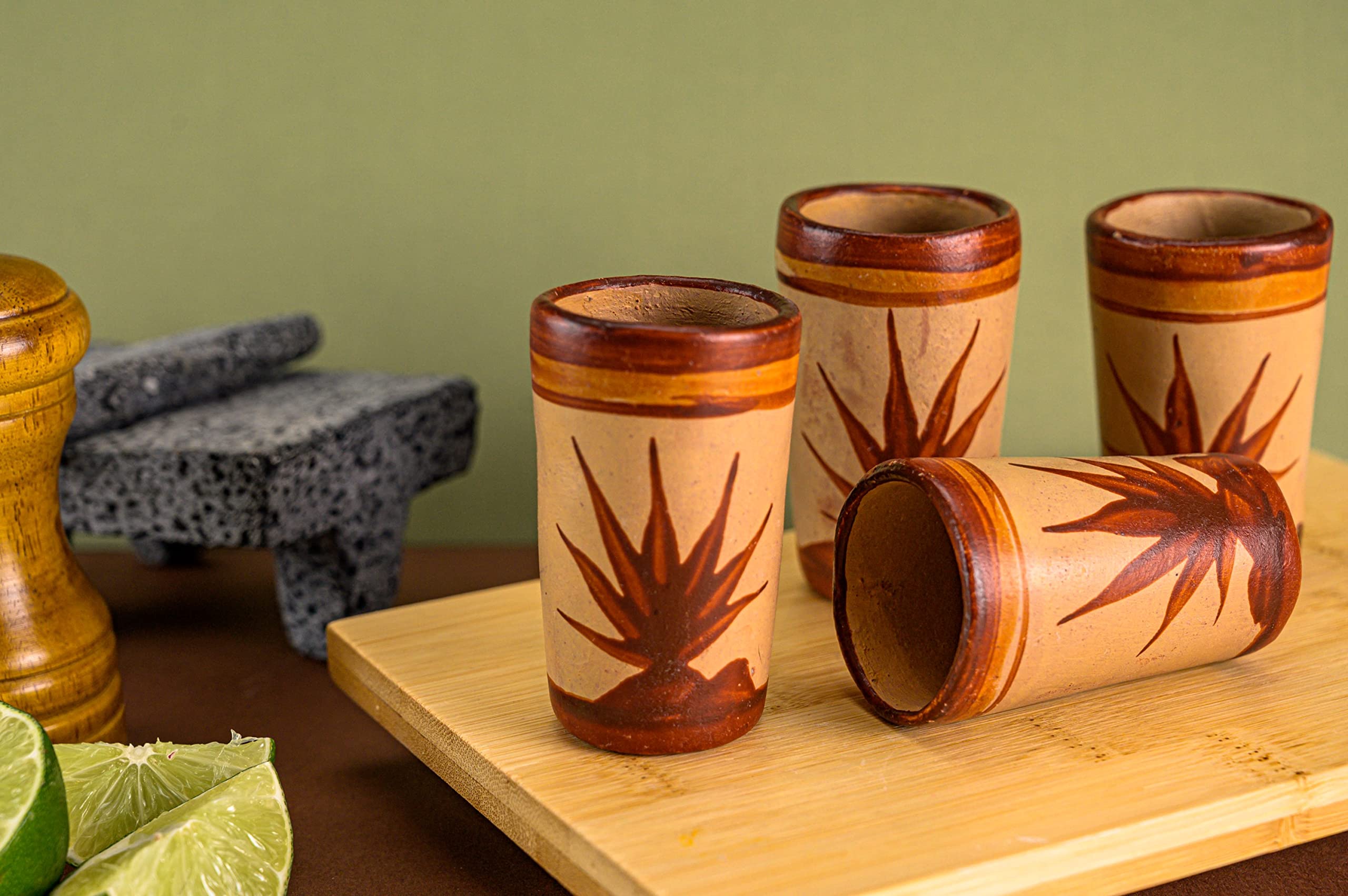 MEXTEQUIL - Tequila Shot Glasses - Set of 4 Terracotta Mexican Shot Glasses - 2 Oz - Natural & Colorful Clay - Barro Canelo & Capulineado - Handcrafted Hand-painted (Agave)