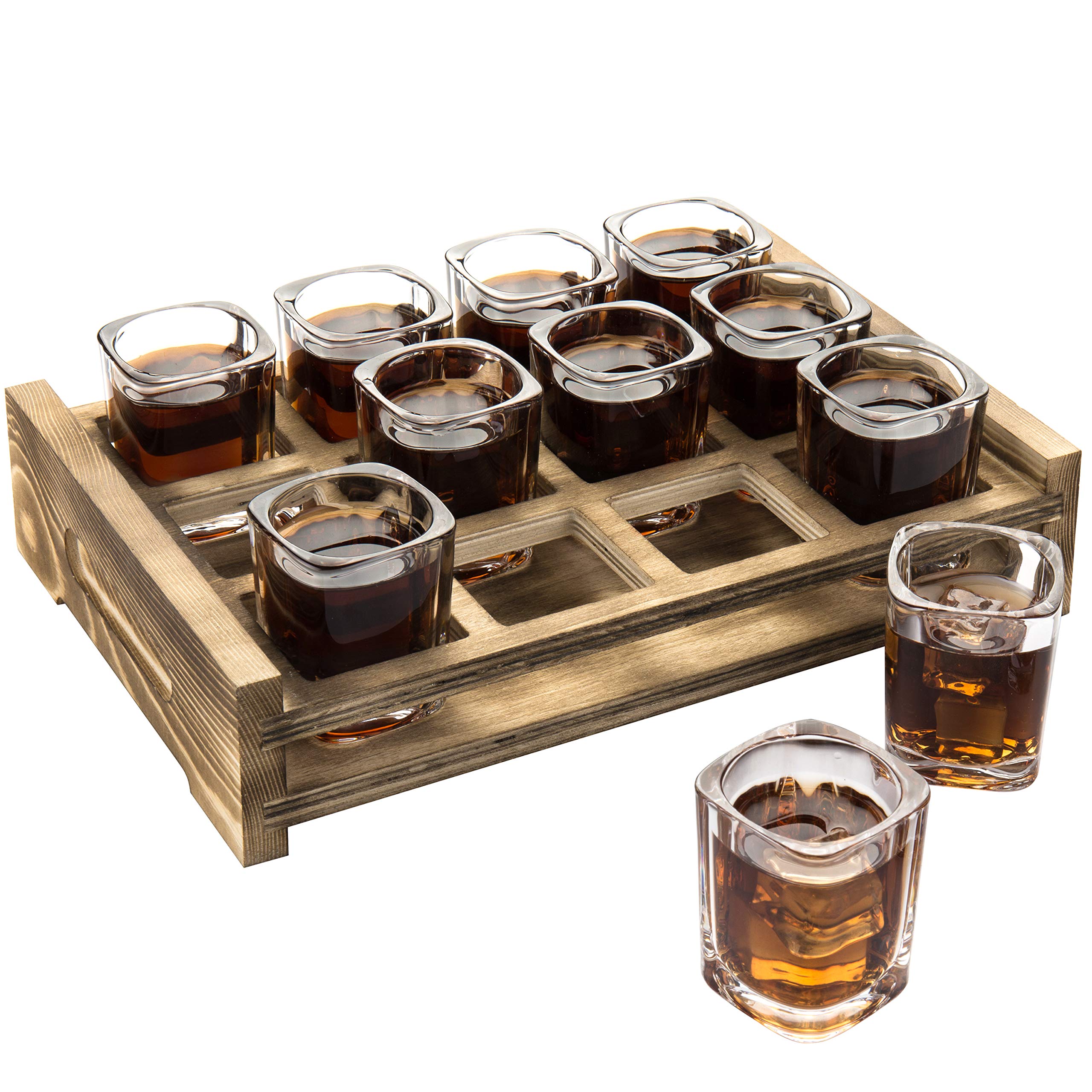 MyGift Shot Glass Serving Set Includes 12 Square Shot Glasses and Burnt Brown Wood Slotted Server Tray