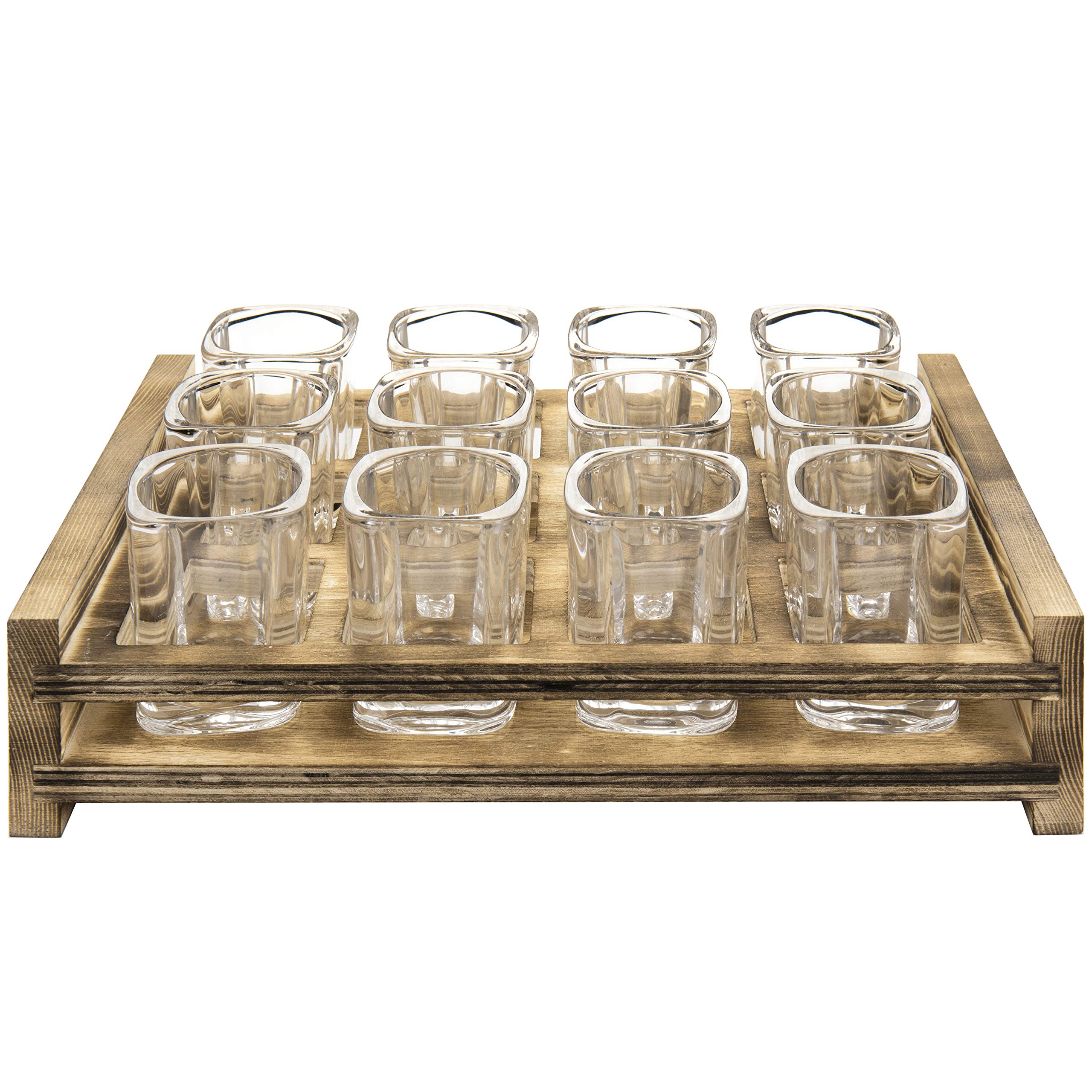 MyGift Shot Glass Serving Set Includes 12 Square Shot Glasses and Burnt Brown Wood Slotted Server Tray
