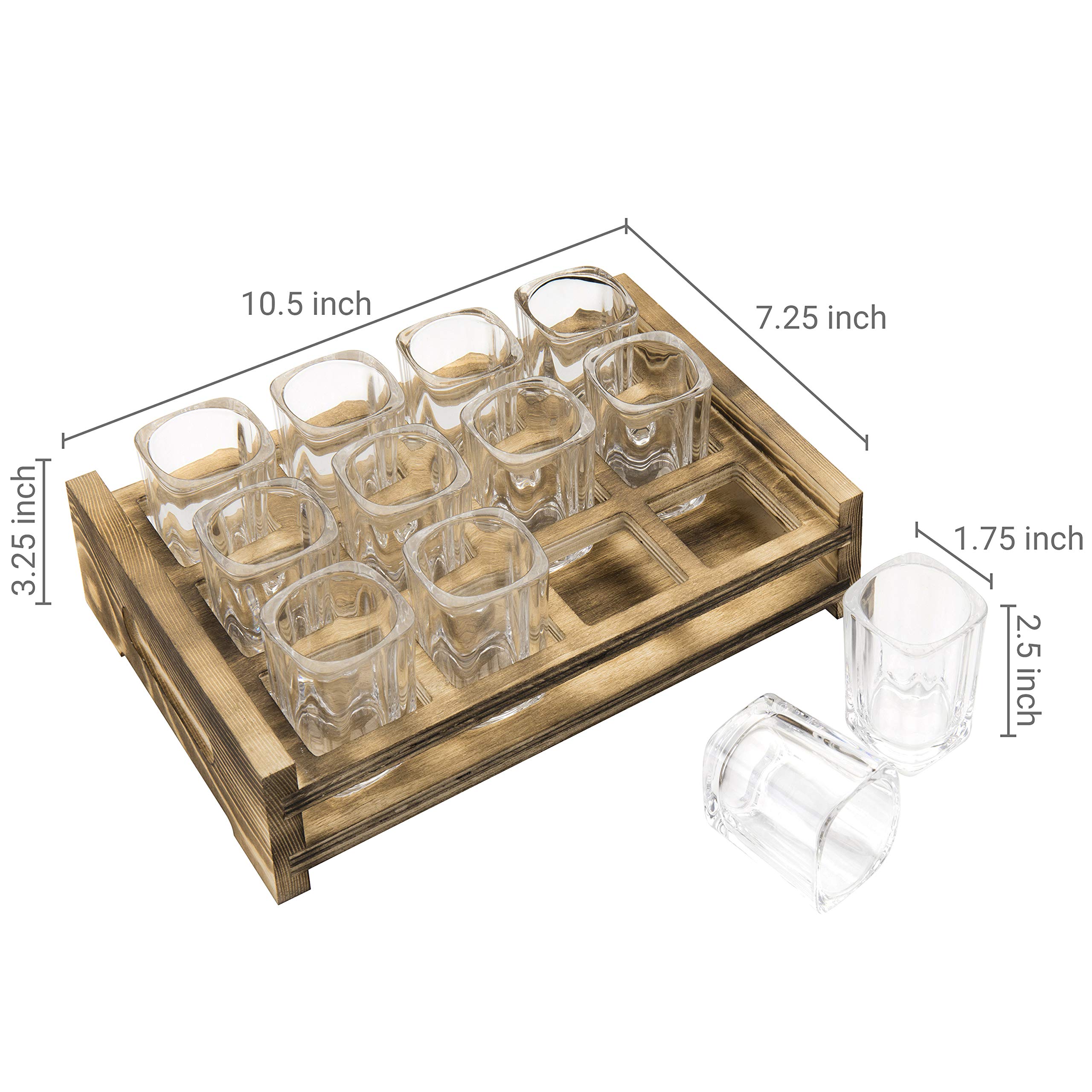 MyGift Shot Glass Serving Set Includes 12 Square Shot Glasses and Burnt Brown Wood Slotted Server Tray