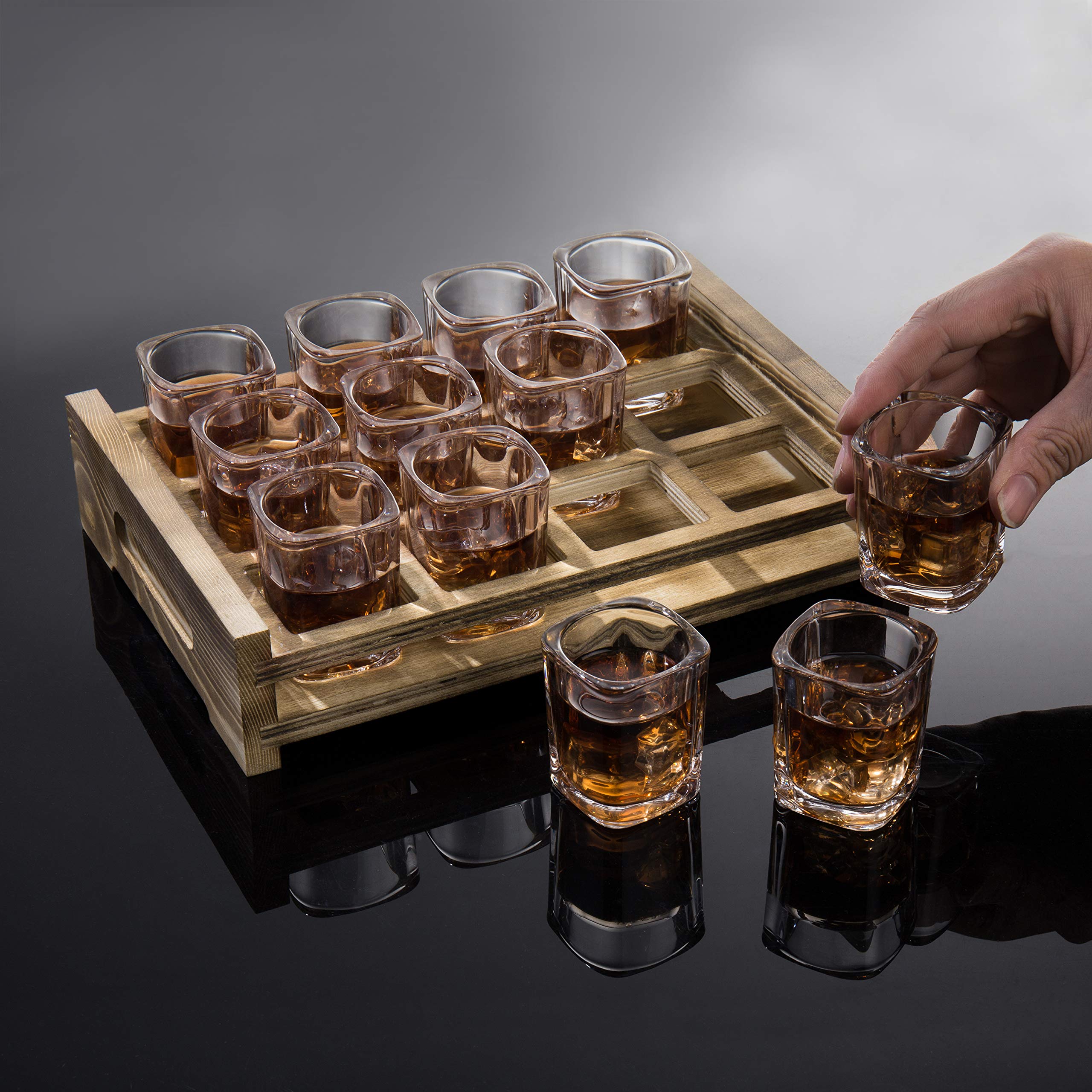 MyGift Shot Glass Serving Set Includes 12 Square Shot Glasses and Burnt Brown Wood Slotted Server Tray