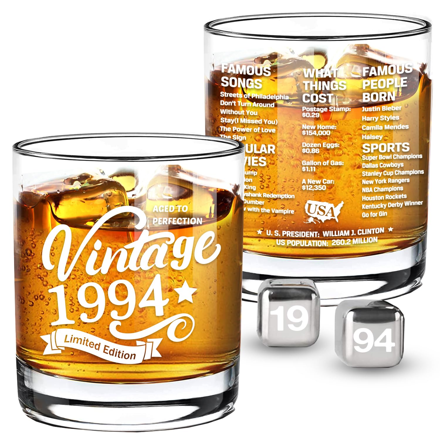 Old Fashioned Glasses-1994-Vintage 1994 Old Time Information 10.25oz Whiskey Rocks Glass -30th Birthday Aged to Perfection - 30 Years Old Gifts Bourbon Scotch Lowball Old Fashioned-1PACK