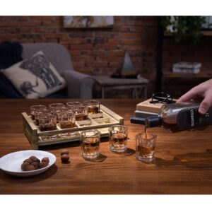 MyGift Shot Glass Serving Set Includes 12 Square Shot Glasses and Burnt Brown Wood Slotted Server Tray