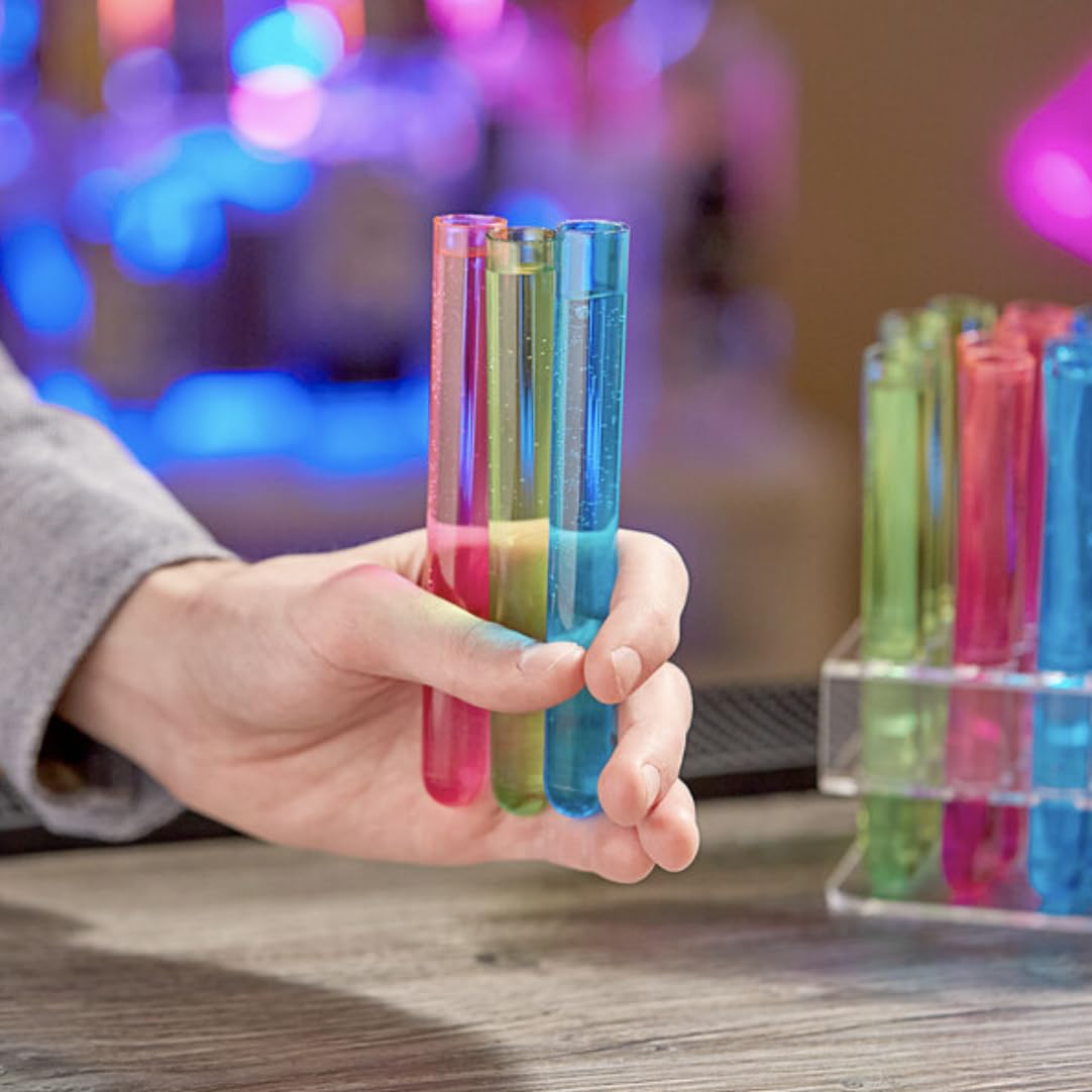 Desert Mercantile 24 Neon Test Tube Shot Glasses with 2 BONUS Liquor Pourers for Spill Free Pours for Bachelorette Parties, Bars, Pool Parties, Man-Caves, New Years Eve, and Holidays.