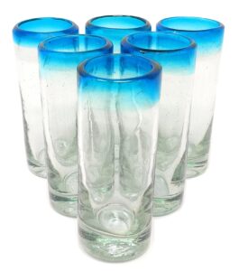 dos sueños hand blown mexican tequila shot glasses – set of 6 aqua rim tequila shot glasses (2 oz each) …