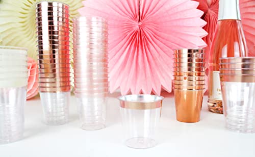 Just Artifacts 2oz Plastic Shot Glasses (120pcs, Metallic Rose Gold Rim)