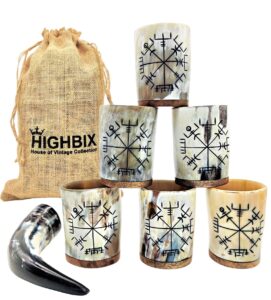 highbix royal vikings drinking horn shot cup set of 6 wooden base genuine handcrafted 5oz vikings cup (white snow)