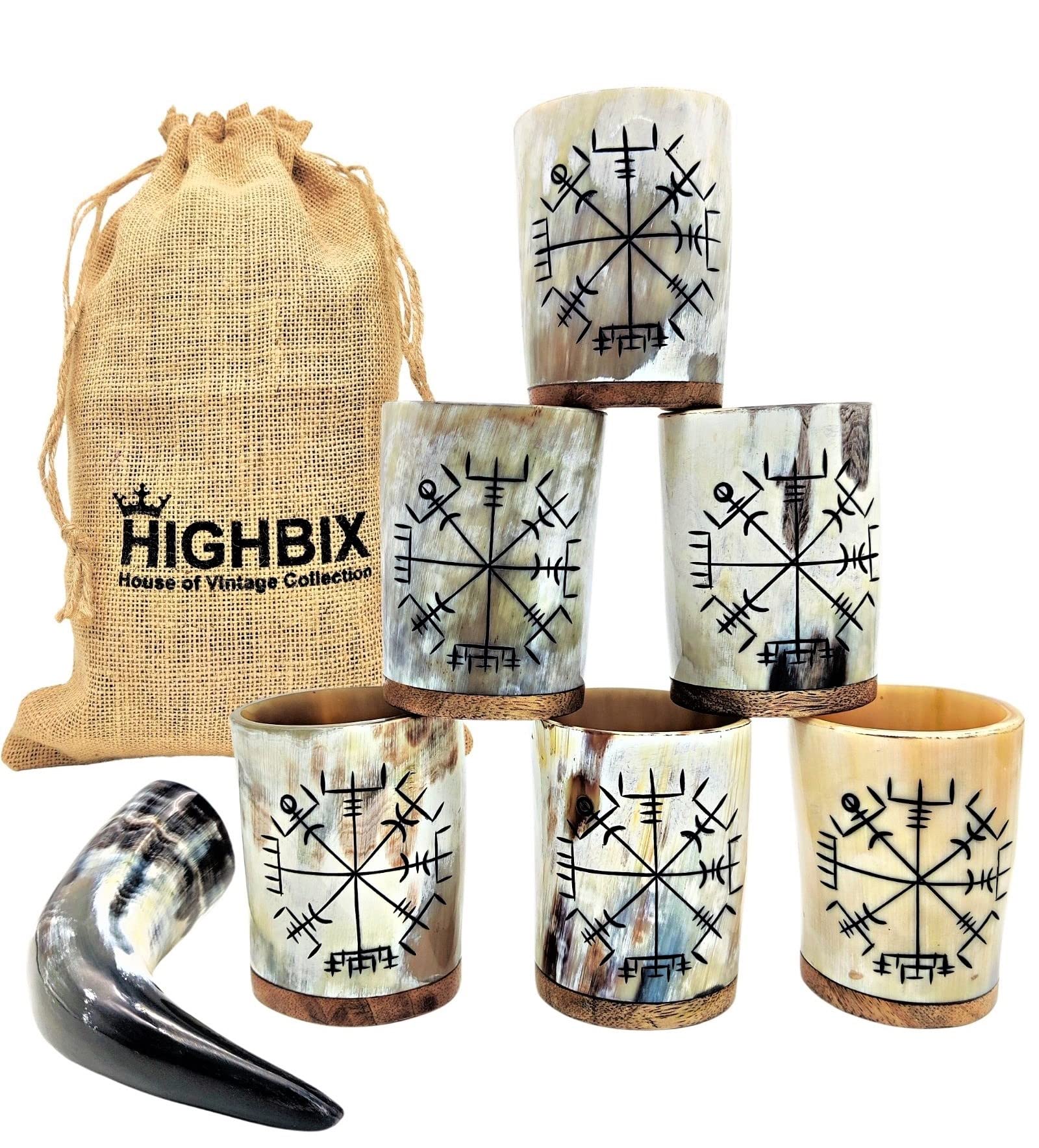 HIGHBIX Royal Vikings Drinking Horn Shot Cup Set of 6 Wooden Base Genuine Handcrafted 5oz Vikings Cup (White Snow)