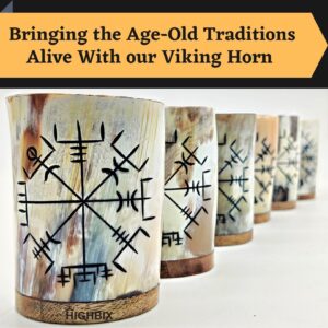 HIGHBIX Royal Vikings Drinking Horn Shot Cup Set of 6 Wooden Base Genuine Handcrafted 5oz Vikings Cup (White Snow)
