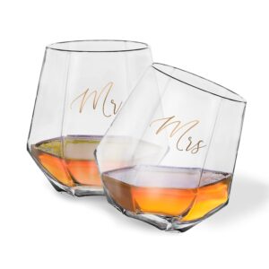 mascoto mr and mrs whiskey glass gift set, best gift for wedding, engagement, anniversary, couples, his and hers, bride and groom, valentines and christmas gifts - set of 2, 10 oz