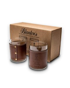 blanton's handmade set of leather wrapped whiskey glasses with gift box