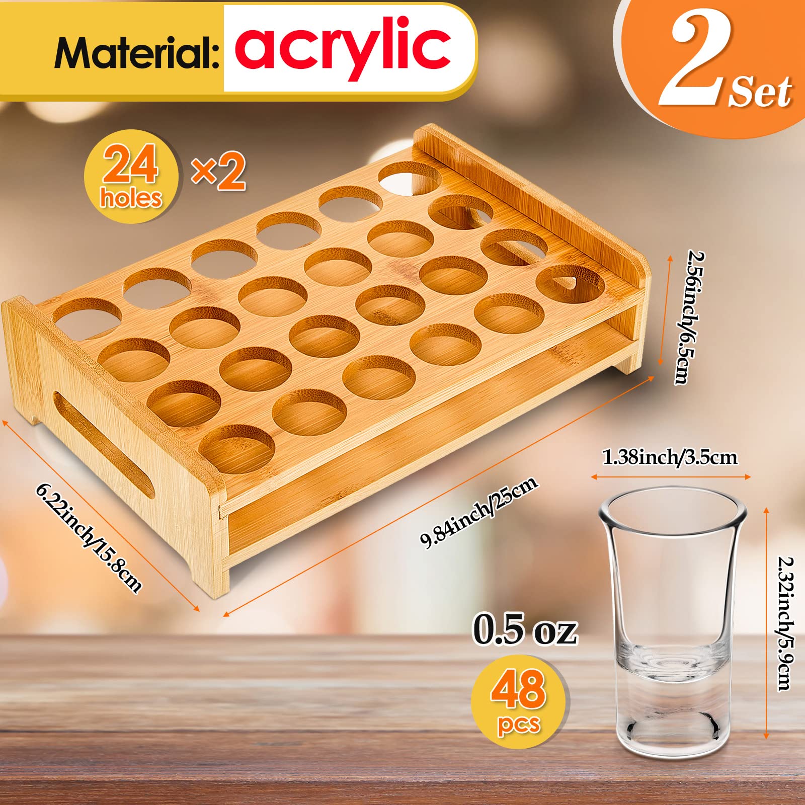 2 Set Shot Glasses Set 24 pcs 0.5 Oz/ 15 ml Mini Acrylic Shot Glass with Tray Holder Wood Serving Tray Tequila Glasses Clear Shot Glasses for Club Party Bar