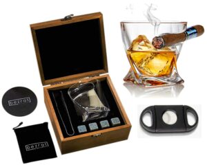 whiskey cigar glasses with side mounted cigar holder, 10 oz + whisky chilling stones and accessories in wooden box - scotch bourbon set for dad, husband, fathers day, birthday bezrat