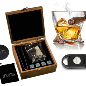 Whiskey Cigar Glasses with Side Mounted Cigar Holder, 10 oz + Whisky Chilling Stones and Accessories in Wooden Box - Scotch Bourbon Set for Dad, Husband, Fathers Day, Birthday Bezrat