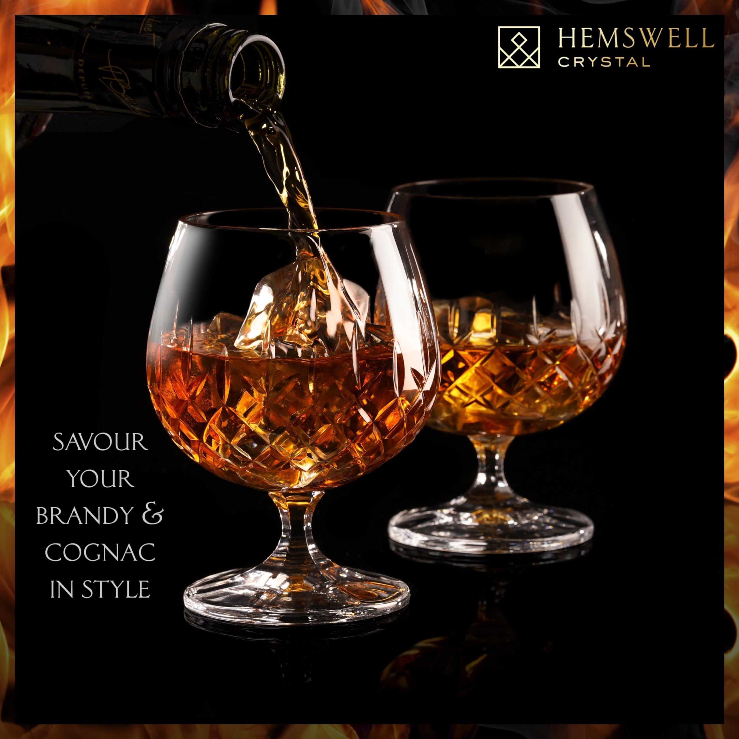 Hemswell Crystal Brandy Snifter Glasses Set of 2 - Small Cut Glass Brandy Goblets for Scotch or Whiskey - Elegant Cognac Glasses - European Crystal 8.5oz - Wicklow Design