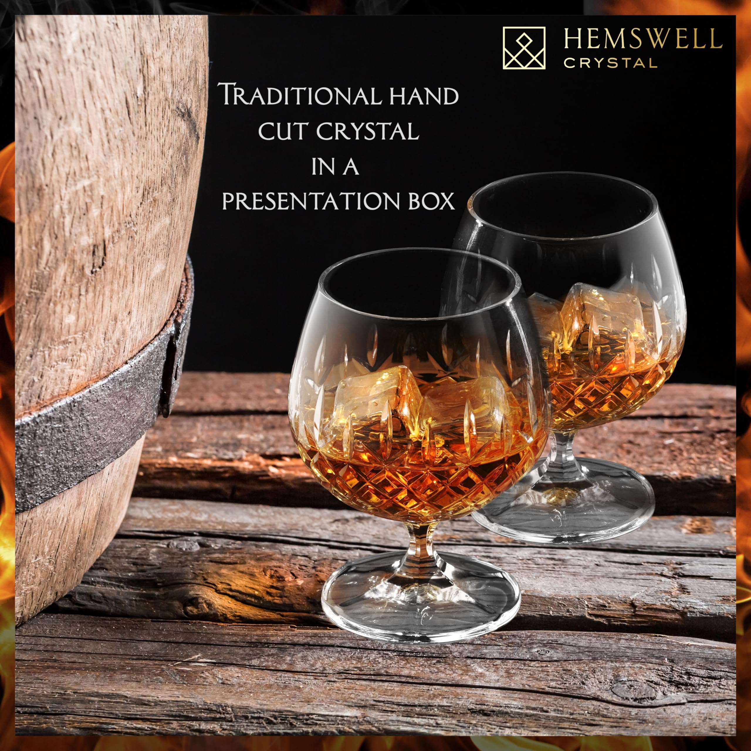 Hemswell Crystal Brandy Snifter Glasses Set of 2 - Small Cut Glass Brandy Goblets for Scotch or Whiskey - Elegant Cognac Glasses - European Crystal 8.5oz - Wicklow Design