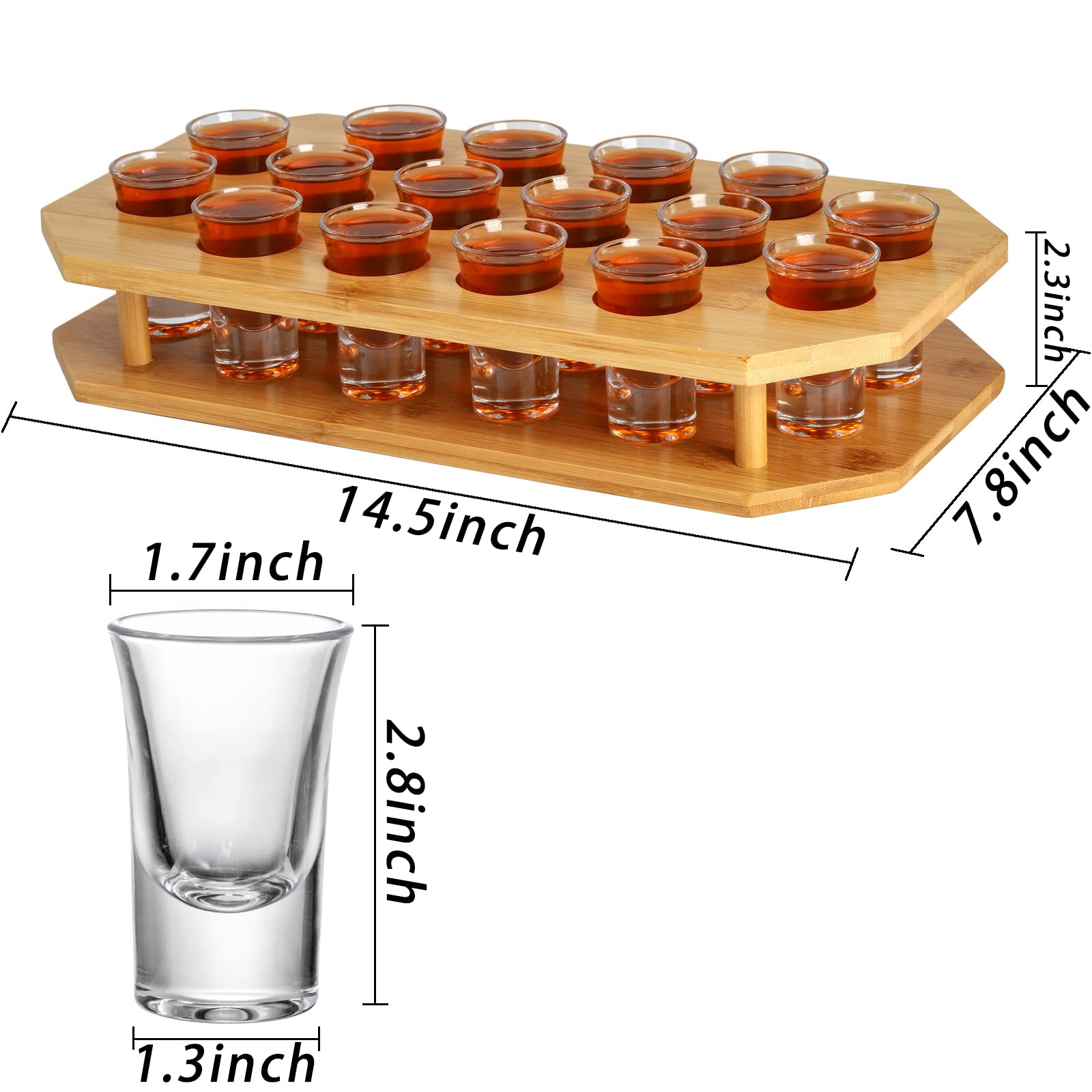 SOUJOY 16 Shot Glass Server Tray, 1 oz Shot Glass Set with Bamboo Tray, Party Serving Holder for Bar, Pub, Party, Club Drinking