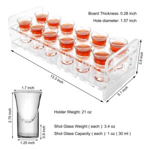 D&Z Shot Glass Holder, 12 Heavy Base Crystal Clear Shot Glasses for Whiskey Vodka Rum Cocktail Tequila, Acrylic Shot Glass Set Stand/Rack/Display/Serving Tray for Bar,Pub,Party [ 1 oz. Each Glass ]