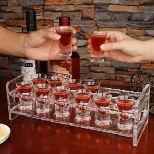 D&Z Shot Glass Holder, 12 Heavy Base Crystal Clear Shot Glasses for Whiskey Vodka Rum Cocktail Tequila, Acrylic Shot Glass Set Stand/Rack/Display/Serving Tray for Bar,Pub,Party [ 1 oz. Each Glass ]