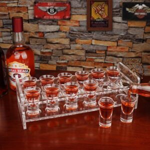 D&Z Shot Glass Holder, 12 Heavy Base Crystal Clear Shot Glasses for Whiskey Vodka Rum Cocktail Tequila, Acrylic Shot Glass Set Stand/Rack/Display/Serving Tray for Bar,Pub,Party [ 1 oz. Each Glass ]