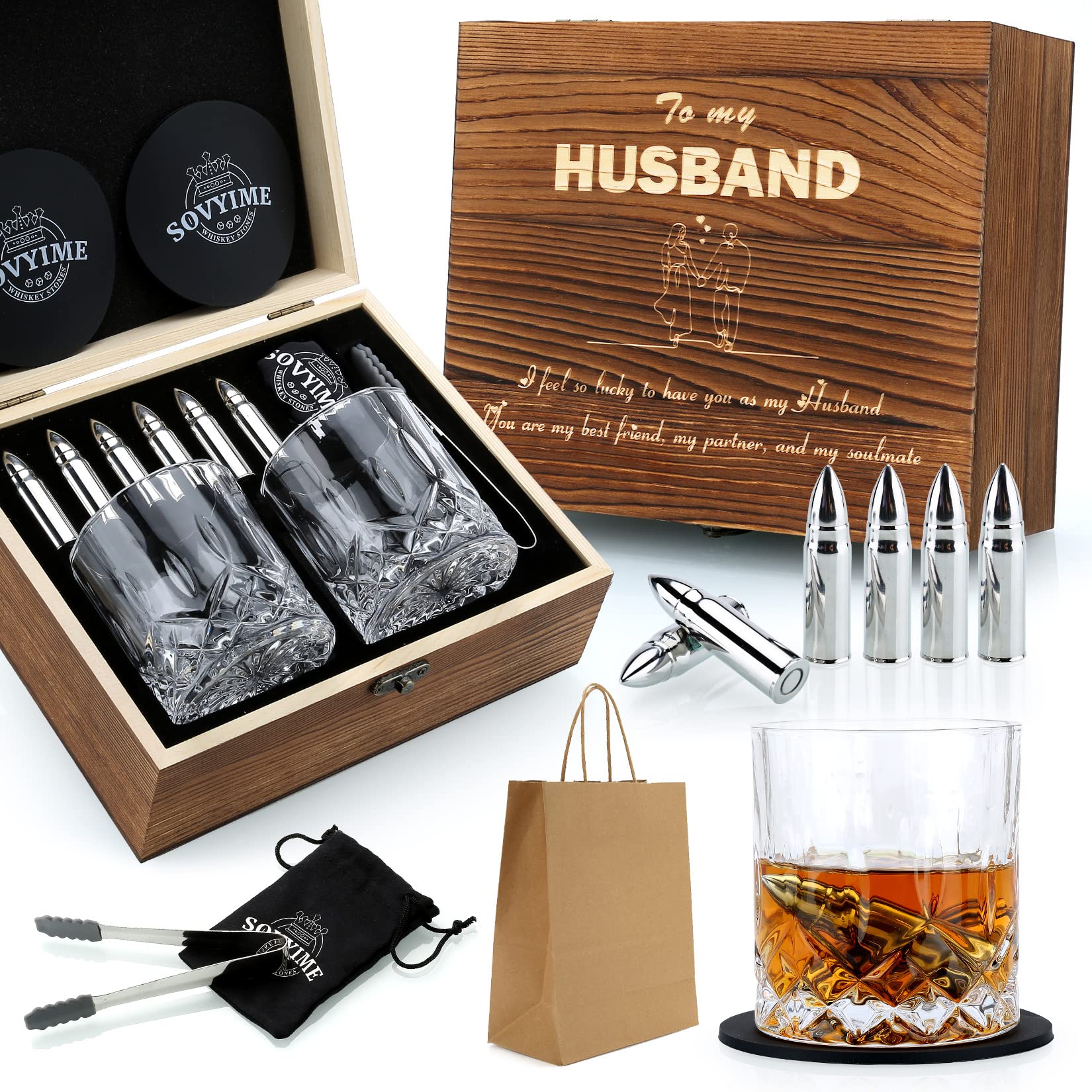 Anniversary Sovyime Gifts for Husband, Whiskey Stones Glasses Gifts for Men, Valentines Day Birthday Wedding Gifts Ideas for Husband,Stainless Steel Bourbon Scottish Whiskey Drinking Set for Christmas