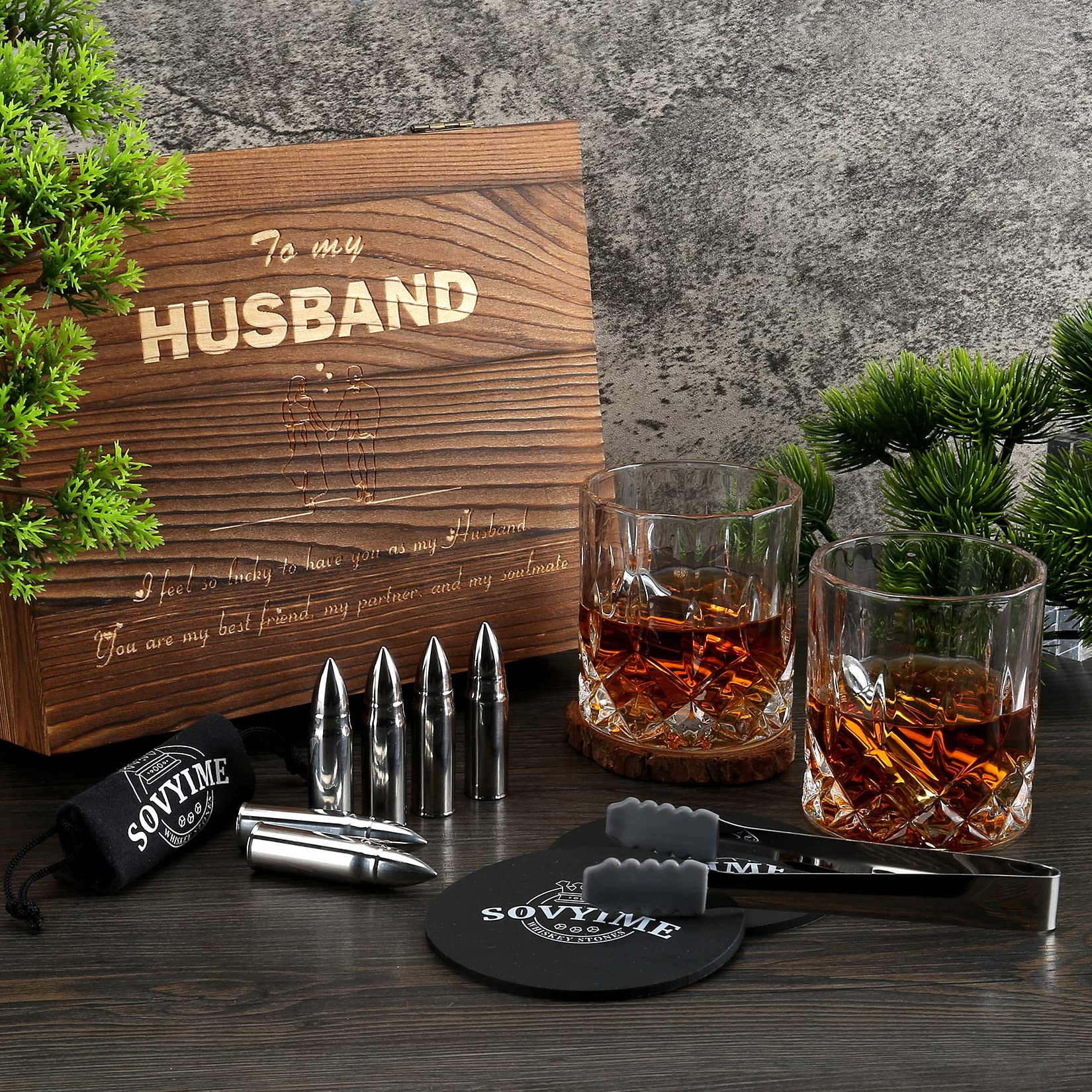 Anniversary Sovyime Gifts for Husband, Whiskey Stones Glasses Gifts for Men, Valentines Day Birthday Wedding Gifts Ideas for Husband,Stainless Steel Bourbon Scottish Whiskey Drinking Set for Christmas