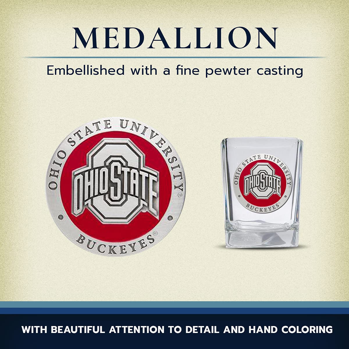 Heritage Pewter Ohio State Square Shot Glass | Hand-Sculpted 1.5 Ounce Shot Glass | Intricately Crafted Metal Pewter Alma Mater Inlay