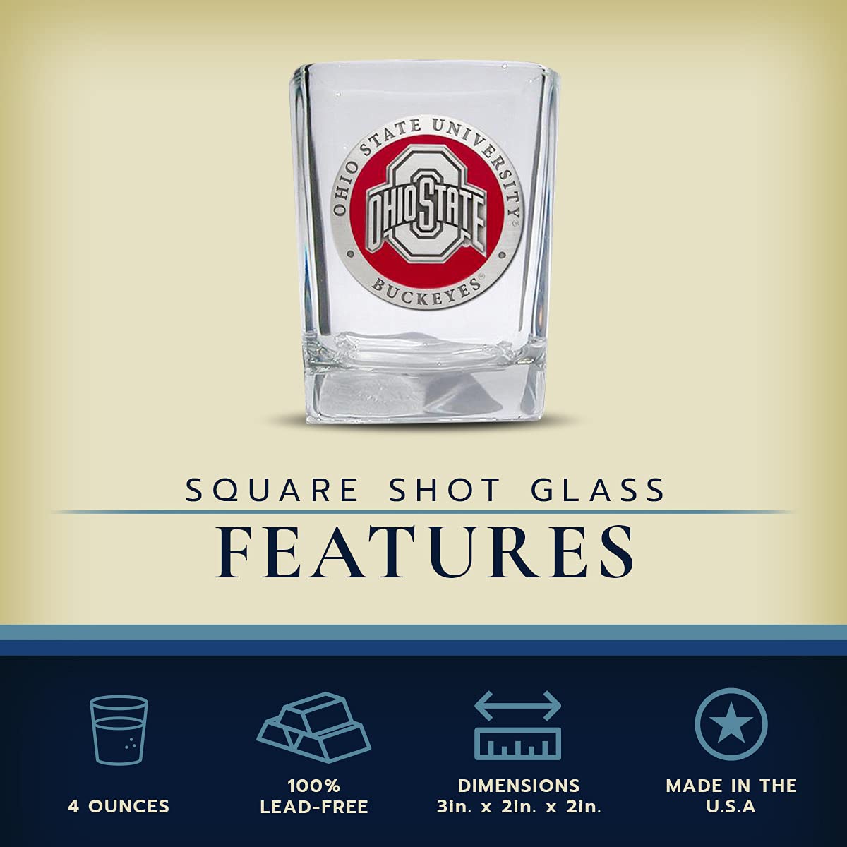 Heritage Pewter Ohio State Square Shot Glass | Hand-Sculpted 1.5 Ounce Shot Glass | Intricately Crafted Metal Pewter Alma Mater Inlay