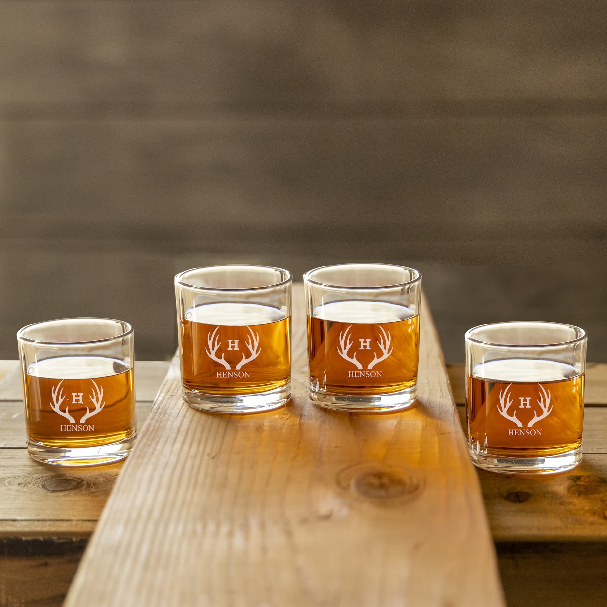 Set of 4 Monogrammed Lowball Glasses for Whiskey, Scotch, Tequila - Bar Glasses Sets for Home - Father’s Day Gift for Dad, Husband, Boyfriend (Classic Monogram)