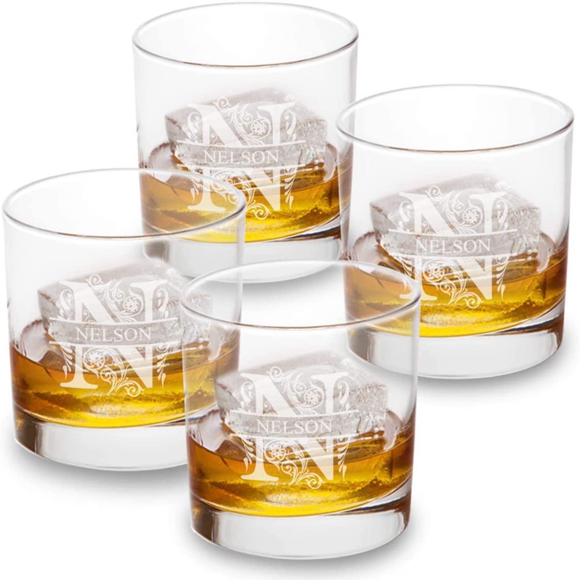 Set of 4 Monogrammed Lowball Glasses for Whiskey, Scotch, Tequila - Bar Glasses Sets for Home - Father’s Day Gift for Dad, Husband, Boyfriend (Classic Monogram)