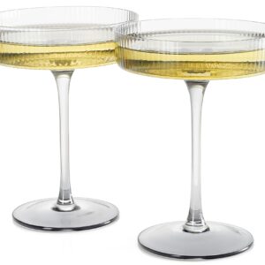 Ribbed Coupe Cocktail Glasses 8 oz | Set of 2 | Classic Manhattan Glasses For Cocktails, Champagne Coupe, Ripple Coupe Glasses, Art Deco Gatsby Vintage, Crystal with Stems (Smoke Grey)