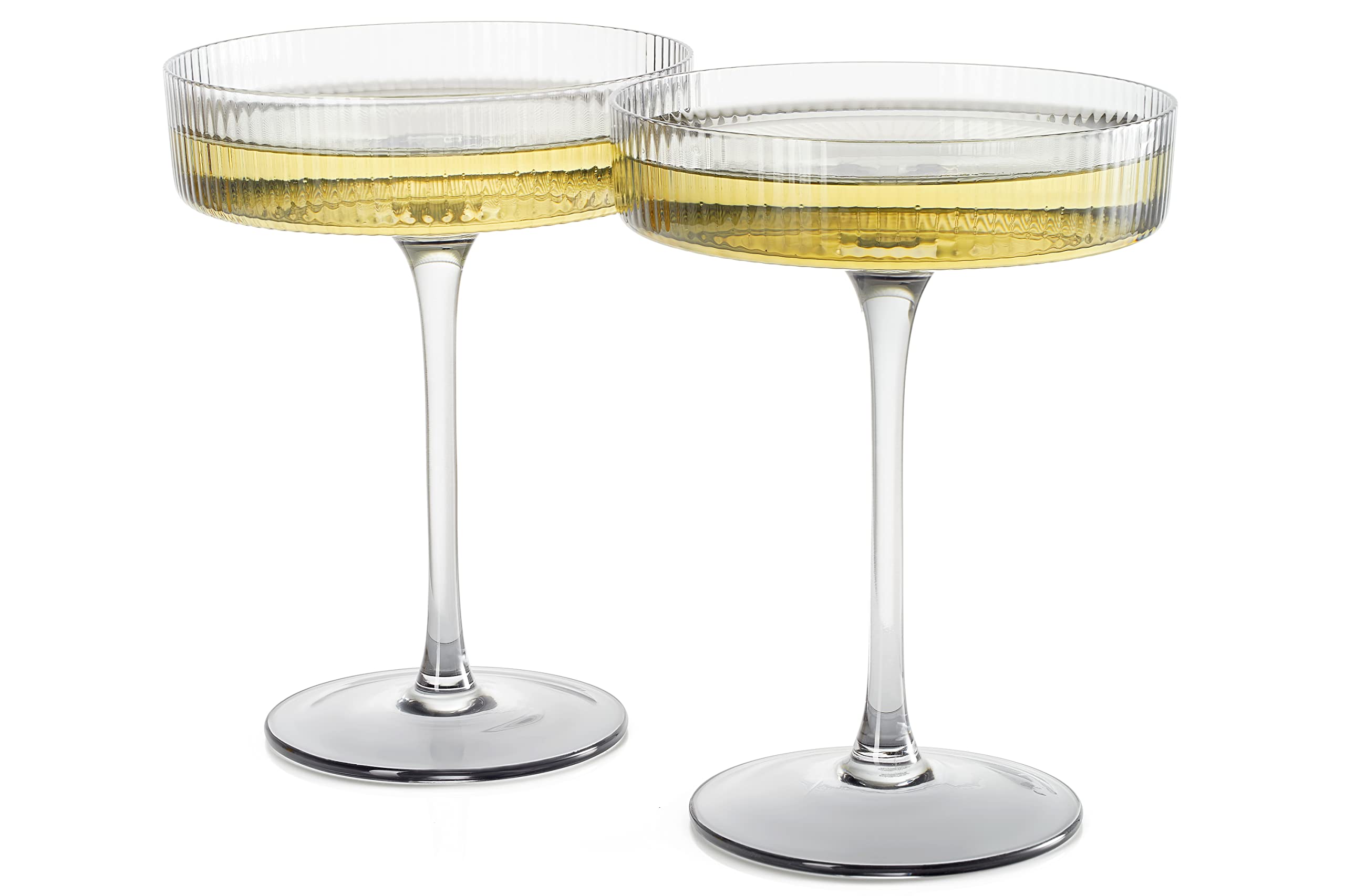 Ribbed Coupe Cocktail Glasses 8 oz | Set of 2 | Classic Manhattan Glasses For Cocktails, Champagne Coupe, Ripple Coupe Glasses, Art Deco Gatsby Vintage, Crystal with Stems (Smoke Grey)