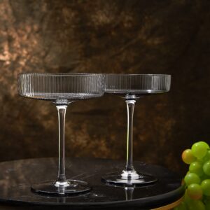 Ribbed Coupe Cocktail Glasses 8 oz | Set of 2 | Classic Manhattan Glasses For Cocktails, Champagne Coupe, Ripple Coupe Glasses, Art Deco Gatsby Vintage, Crystal with Stems (Smoke Grey)