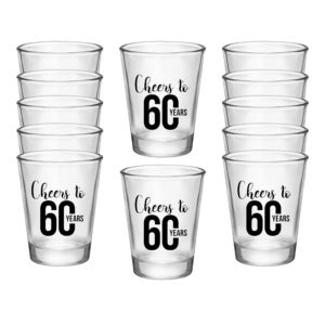 cheers to 60 years shot glasses, set of 12, 1.75oz black and clear 60th birthday shot glasses - 60th birthday decorations for men, perfect shot glass cups for 60th birthday party favors for guests
