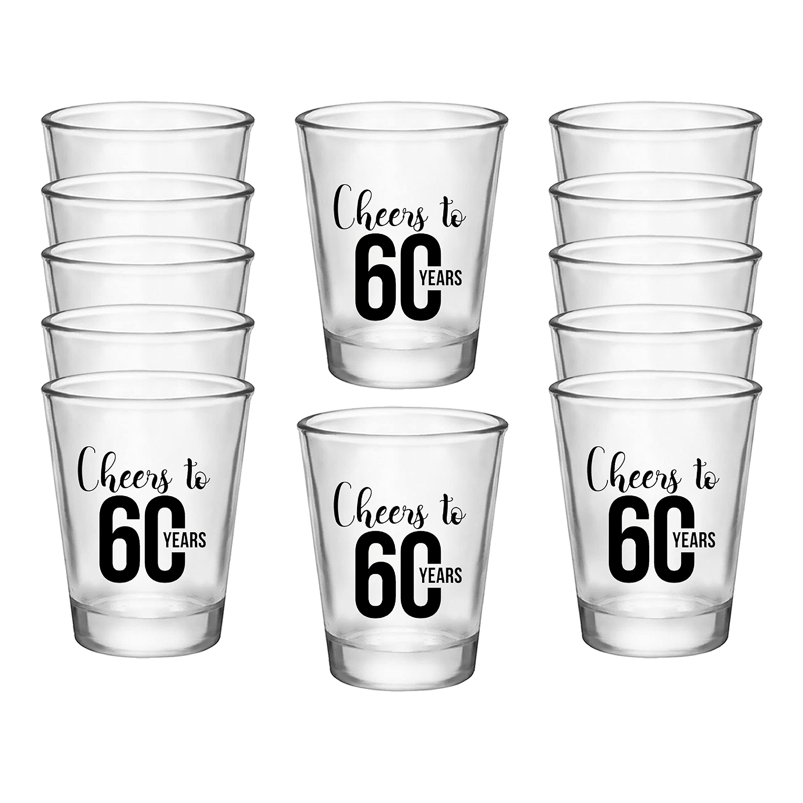 Cheers to 60 Years Shot Glasses, Set of 12, 1.75oz Black and Clear 60th Birthday Shot Glasses - 60th Birthday Decorations For Men, Perfect Shot Glass Cups for 60th Birthday Party Favors for Guests