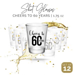 Cheers to 60 Years Shot Glasses, Set of 12, 1.75oz Black and Clear 60th Birthday Shot Glasses - 60th Birthday Decorations For Men, Perfect Shot Glass Cups for 60th Birthday Party Favors for Guests