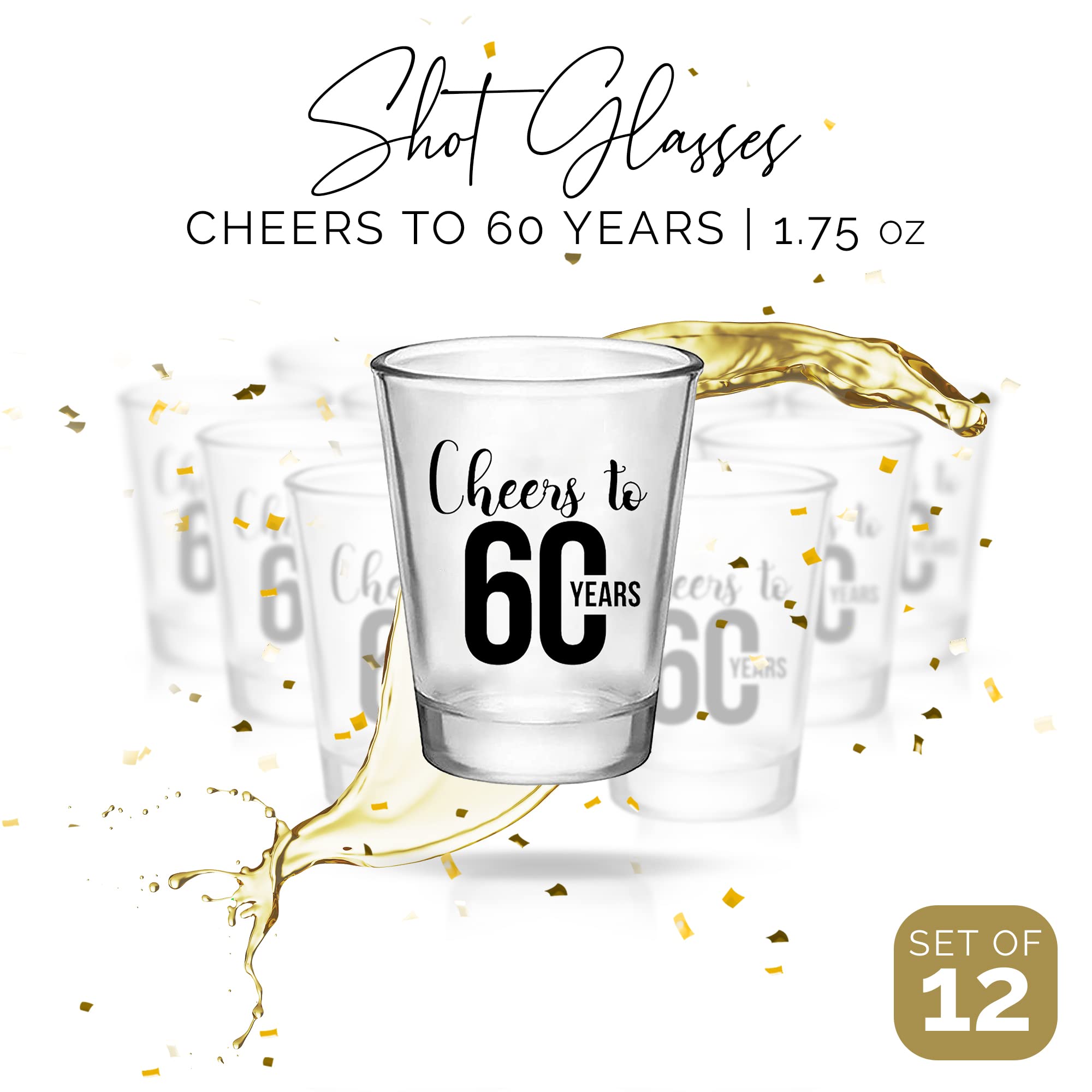 Cheers to 60 Years Shot Glasses, Set of 12, 1.75oz Black and Clear 60th Birthday Shot Glasses - 60th Birthday Decorations For Men, Perfect Shot Glass Cups for 60th Birthday Party Favors for Guests