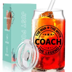 coach gifts for women/men，best coach gifts,drinking glasses with with lid and straw-16oz can shaped glass cups, beer glasses, iced coffee glasses, cute tumbler cup, ideal for cocktail, whiskey